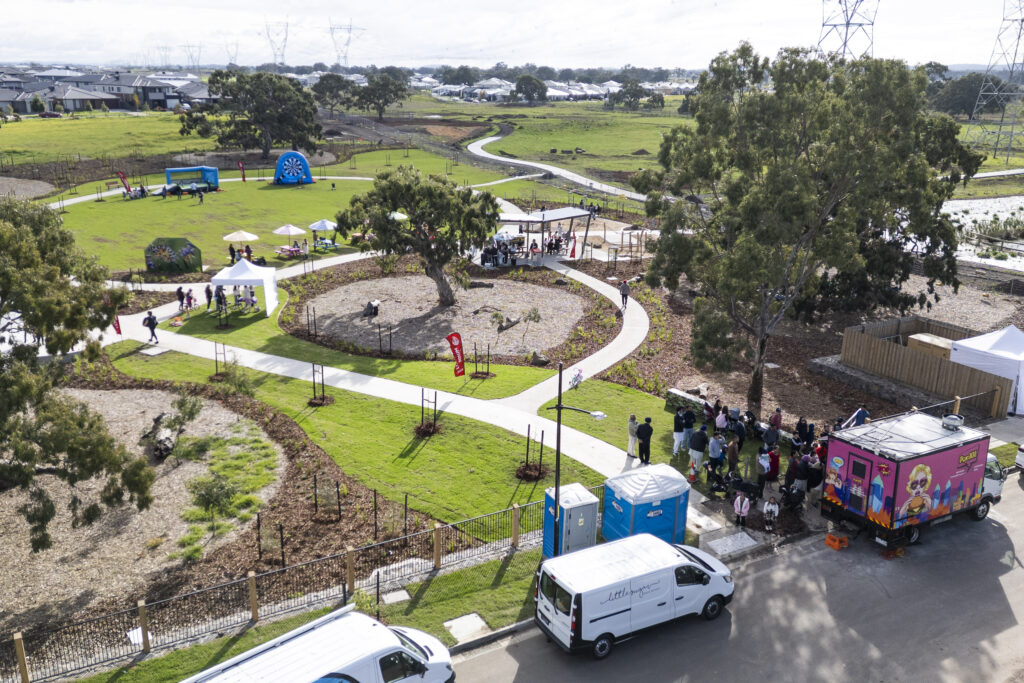 Aerial view of community event in suburban park