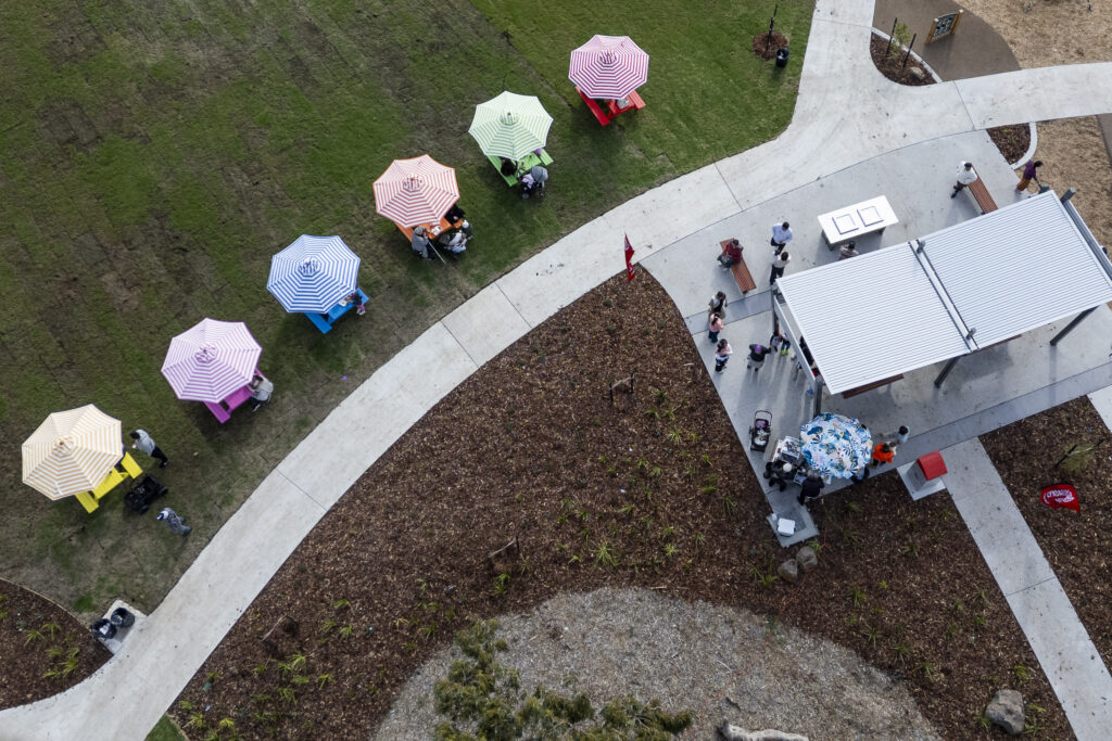 Aerial view of colourful picnic tables in park