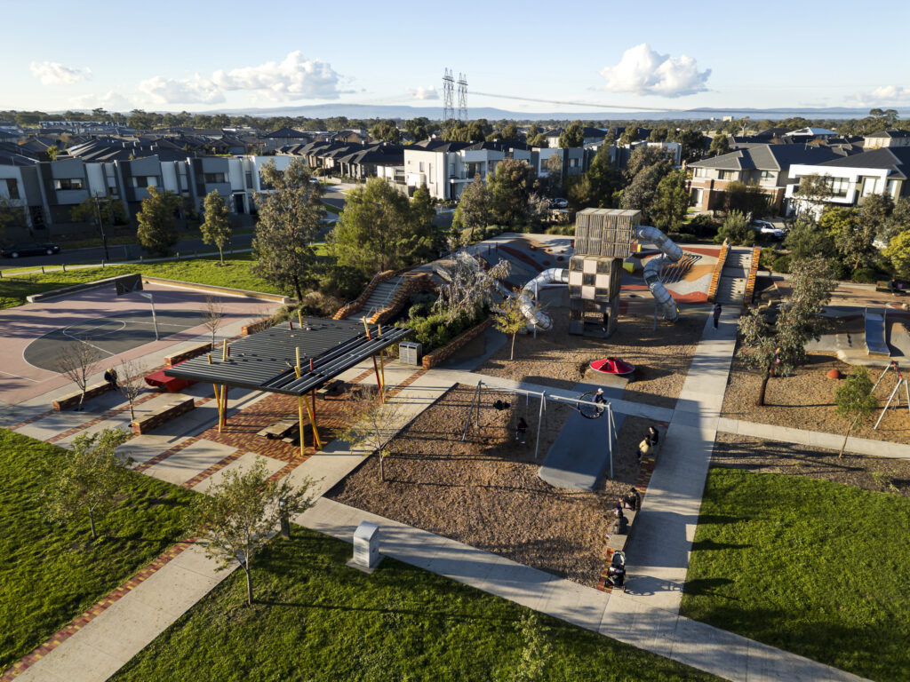 Aerial view of suburban playground and basketball court