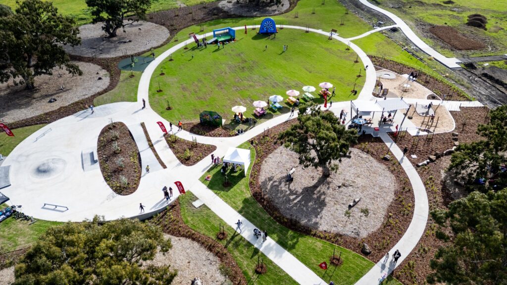 Aerial view of modern community park with playground